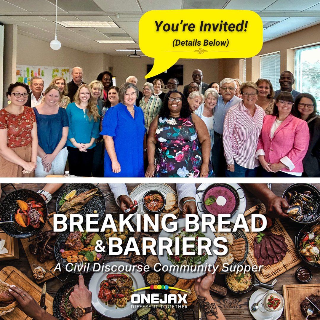 OneJax's tweet photo. For 54+ years, OneJax has fostered understanding and inclusion in Jax. Now, we're aiming to deepen our impact and serve in new ways. You're invited to join us Oct. 28 as we break bread &amp; barriers. Let's create space for conversations that matter. Details: https://t.co/yEjllkSc4h https://t.co/HcgD75vBgY