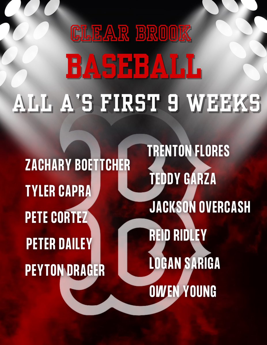CBHS Baseball (@baseball_cbhs) on Twitter photo This 1st 9 weeks our program dominated in the classroom with 100 percent passing . This list represents the players with all A’s and we wouldn’t expect anything less from them. The best thing about our guys is that they are all making huge strides as men! <a href="/ClearBrookHS/">Clear Brook HS</a> This 1st 9 weeks our program dominated in the classroom with 100 percent passing . This list represents the players with all A’s and we wouldn’t expect anything less from them. The best thing about our guys is that they are all making huge strides as men! <a href="/ClearBrookHS/">Clear Brook HS</a>