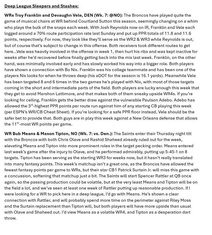 My full Rookie Report will be up on <a href="/drinkfive/">David Biggs (drinkfive.com Fantasy Football)</a> later, but I wanted to share my thoughts on the pile of rookies that will be involved in tonight's tilt between the Broncos &amp; Saints...