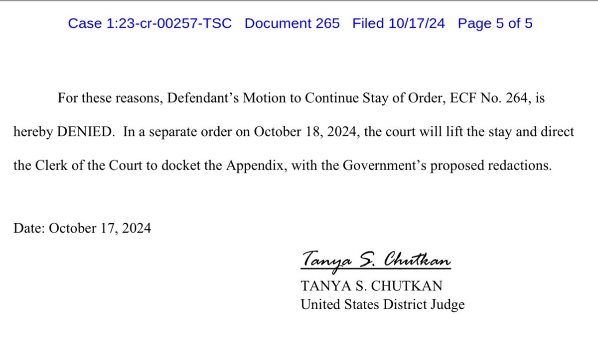BREAKING: JUDGE CHUTKAN DENIES TRUMP’S MOTION TO DELAY AND ORDERS THE CLERK TO UNSEAL THE EVIDENCE AGAINST TRUMP WITH JACK SMITH’S RECOMMENDED REDACTIONS storage.courtlistener.com/recap/gov.usco…