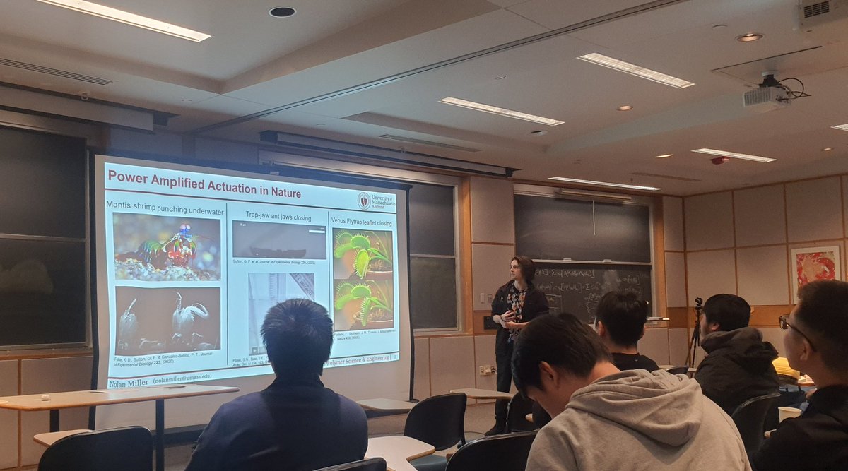 Crosby__Group's tweet image. A strong start to the internal @UMassPSE Seminar today, featuring one of the talks from the Crosby Group! Nolan shared his exciting work on bioinspired snapping materials and poroelasticity. 🦐🐜 We&apos;re thrilled to see our department coming together to share new ideas! 👏 #science
