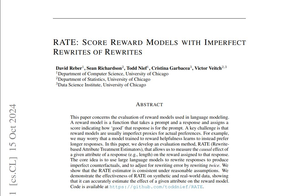 🧵 RATE: Score Reward Models with Imperfect Rewrites of Rewrites
1/ How do you measure whether a reward model incentivizes helpfulness without accidentally measuring length, complexity, etc?
Rewrites of rewrites give good counterfactuals, without needing to list all confounders!