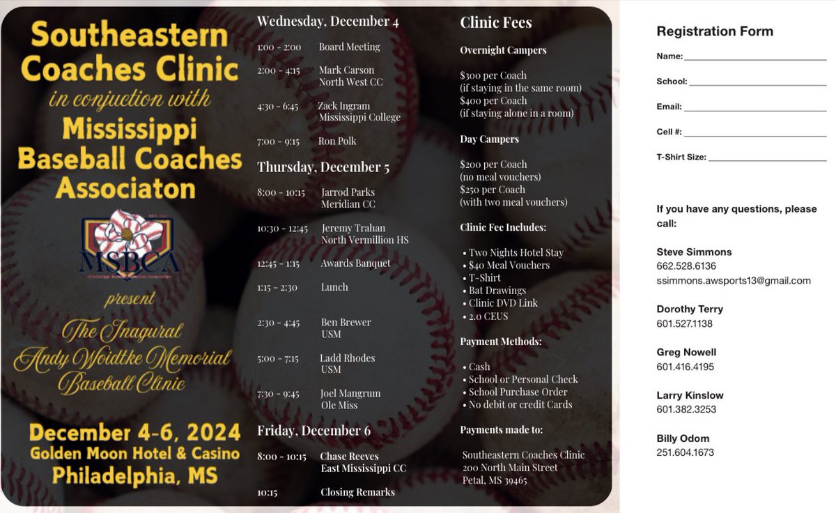 Southeastern Coaches Clinic/MSBCA is proud to present The Inaugural Andy Woidtke Memorial Baseball Clinic at The Golden Moon Hotel &amp; Casino in Philadelphia, Ms. We look forward to seeing you there!