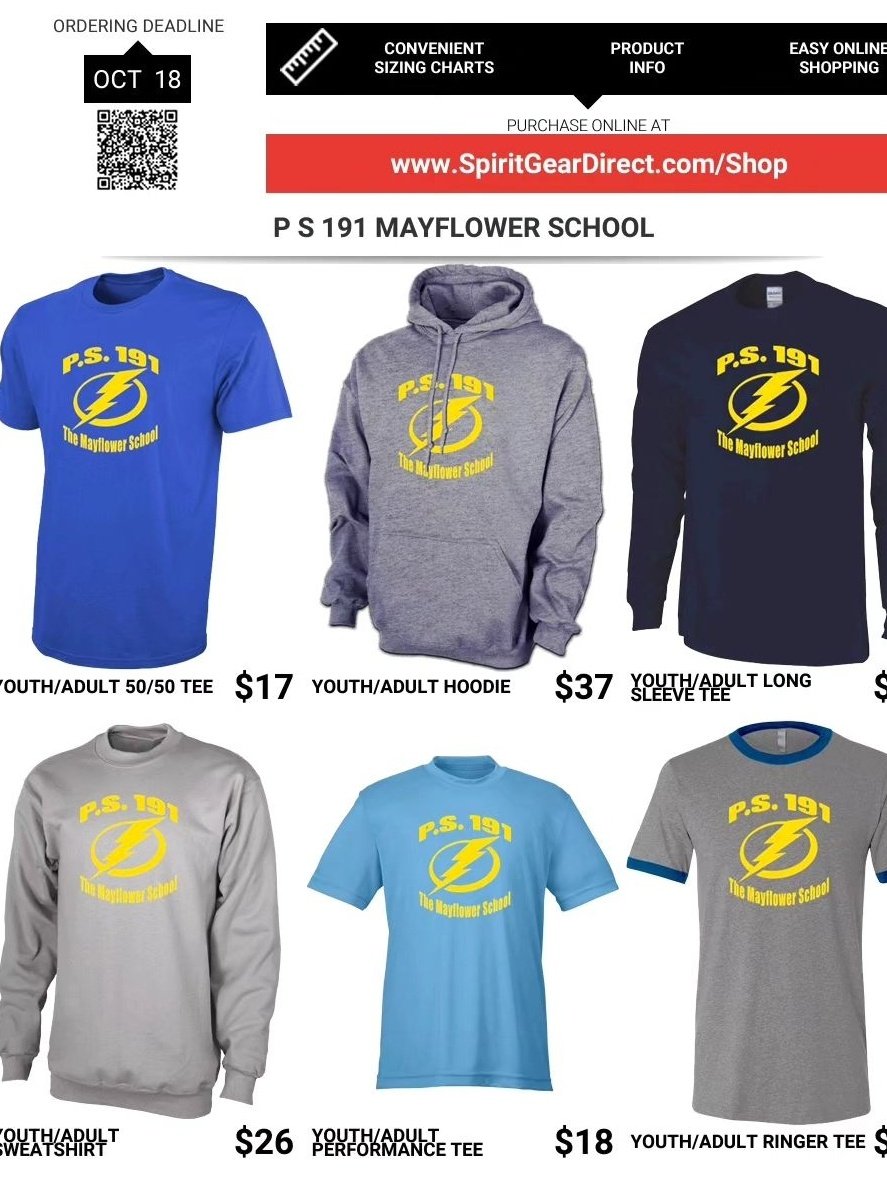 PTA_ps191q's tweet photo. Get your spirit gear and show up on style on spirit-day Fridays! The last day to shop is tomorrow, Friday, 10/18. Order today, and celebrate being a part of the PS 191Q family! @themayflower191q https://t.co/TMJws8paWF