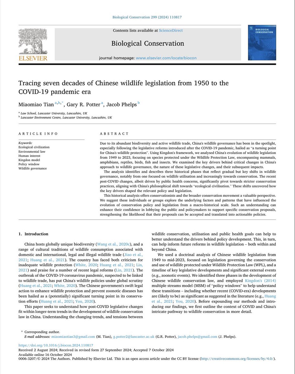 Excited to share our latest paper, co-authored with <a href="/Drgpotter/">Gary Potter</a> and @_JPhelps 🎉 ! We’ve delved into 70 years of China’s wildlife legislation—tracking its journey from 1950 through the COVID-19 pandemic 🐼 Check it out here 💚: doi.org/10.1016/j.bioc… 
#Wildlife law #Conservation