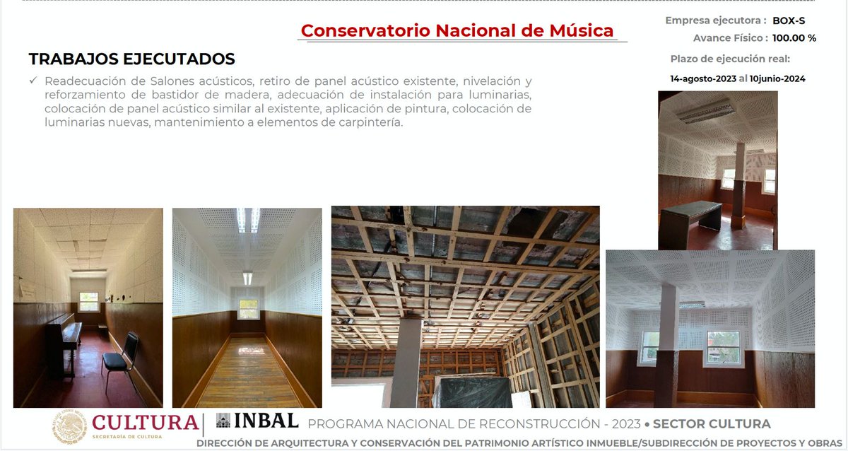 iCast1110's tweet photo. Se ha llevado a cabo la readecuación de salones acústicos del Conservatorio Nacional de Música. Las mejoras incluyeron el retiro y sustitución del panel acústico, nivelación y refuerzo de la estructura de madera, entre otros. https://t.co/v4pot2YCMs