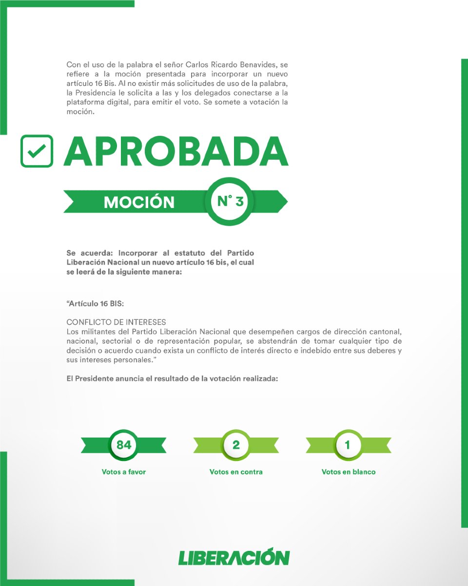 🟢 Aprobamos la Moción N°3 en la Asamblea Nacional. Con esta decisión, fortalecemos el compromiso de evitar conflictos de interés dentro del partido. 

#AsambleaNacional #LiberaciónNacional