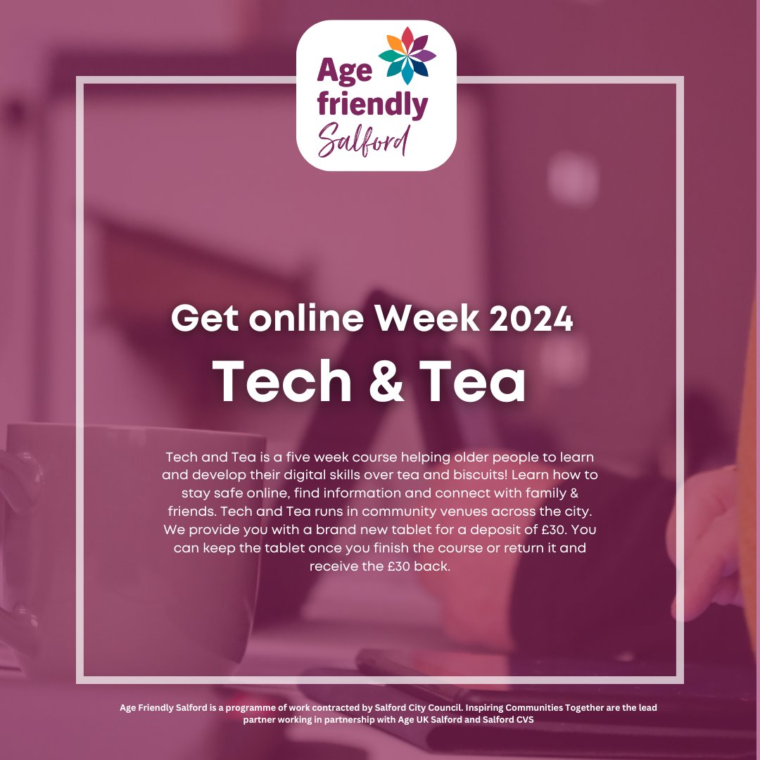 AgeSalford's tweet photo. As part of #GetOnlineWeek, we're offering #TechAndTea courses across Salford, helping older people learn tech basics and get online with ease. Watch our video to see the impact we're making! https://t.co/CS8aozDK4W #DigitalInclusion #AgeFriendlySalford" https://t.co/7S5siYy5AA