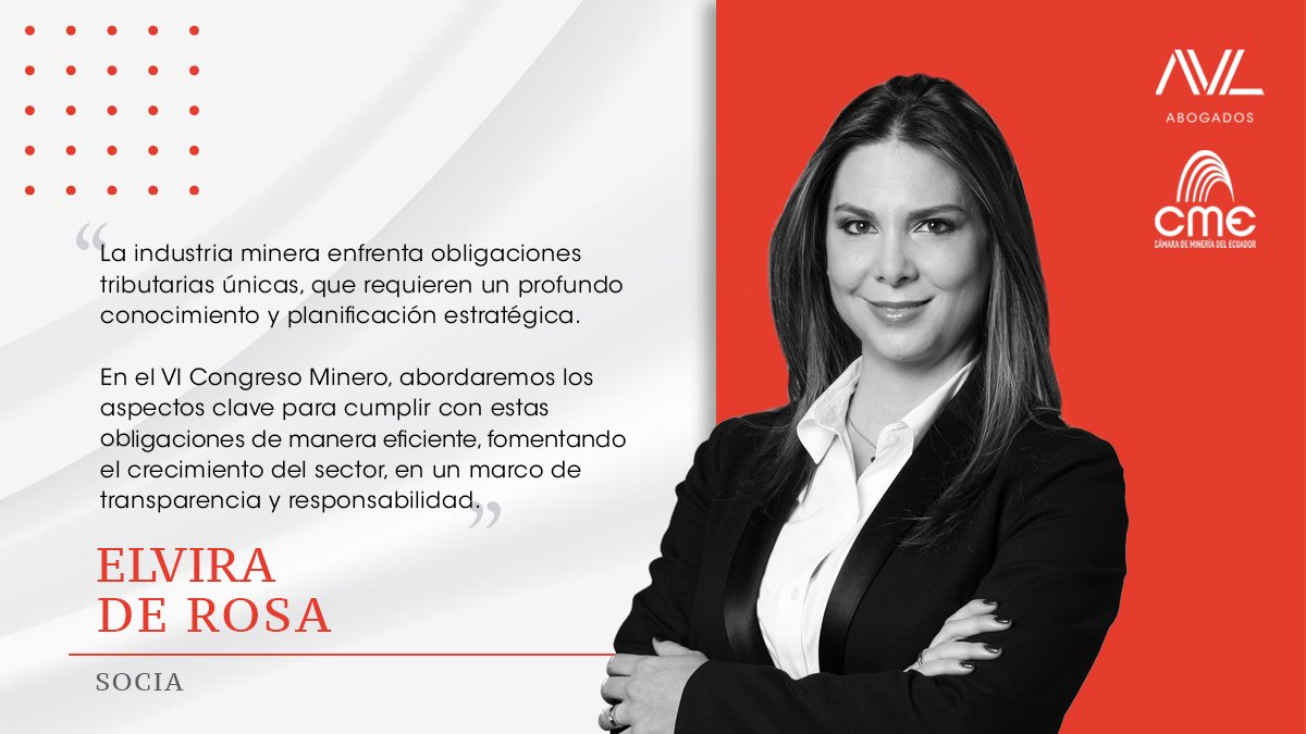 AVL 🟥 ⚒️ |  Se acerca la sexta edición del Congreso de Derecho Minero, que estamos organizando con la Cámara de <a href="/mineriaecuador/">Cámara de Minería del Ecuador</a>.
Nuestros socios y asociados nos cuentan el objetivo de este importante congreso anual ⤵️ 

#CongresoDeDerechoMinero #MineríaResponsable 
<a href="/edr2012/">Elvi DRo 🇪🇨</a>