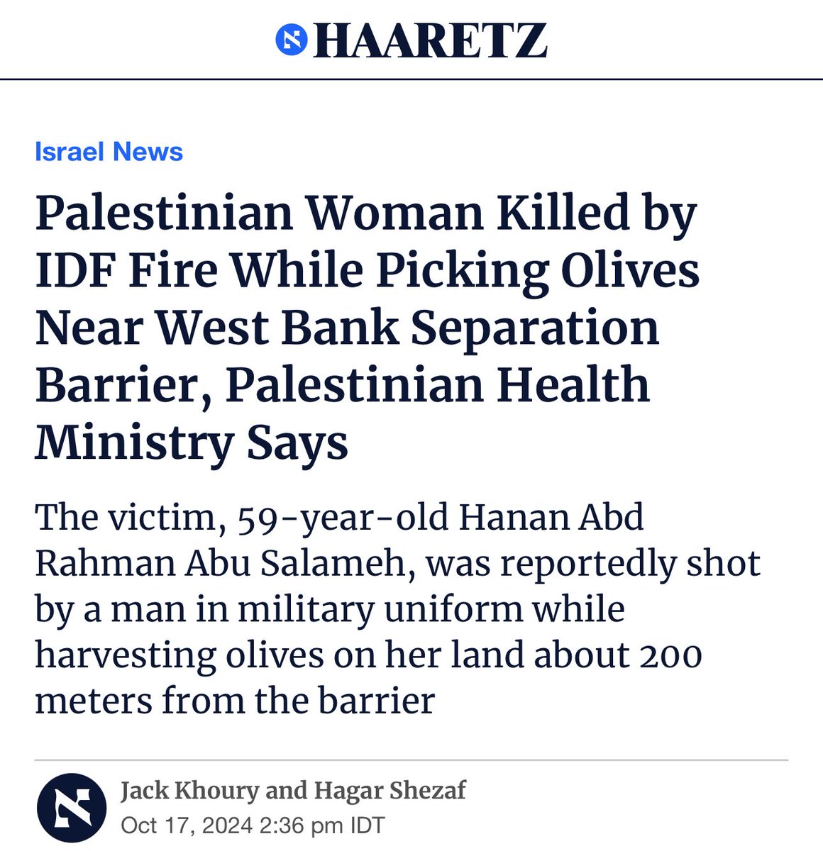 AssalRad's tweet photo. Read that sentence. This is the West Bank, this is daily life for Palestinians on their own land.

Now ask yourself why you don’t see these headlines in Western media. https://t.co/VvpRrETA68