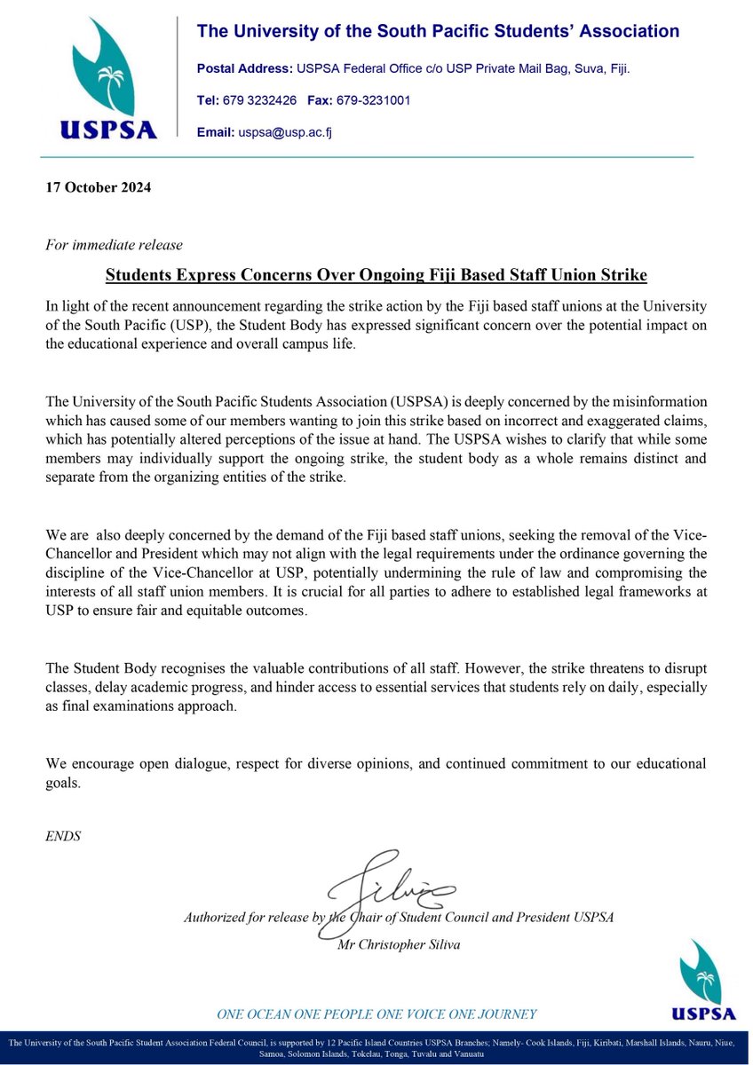 Students Express Concerns over Ongoing Fiji Based Staff Union Strike