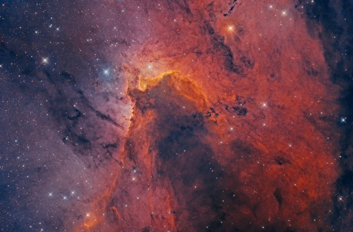 Over 50hrs of the Cave Nebula or Sharpless 155. Capture during many nights September into October 2024. Narrowband and RGB data at 1600mm. 
QHY268m 10” RC