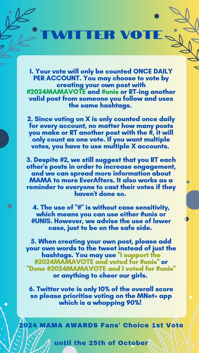 unisvotingcrew's tweet photo. ⚠️ Twitter guide for #2024MAMAVOTE #unis

Next, vote on Mnet+ for the Fans' Choice 1st Vote! https://t.co/ybZVFev5jb