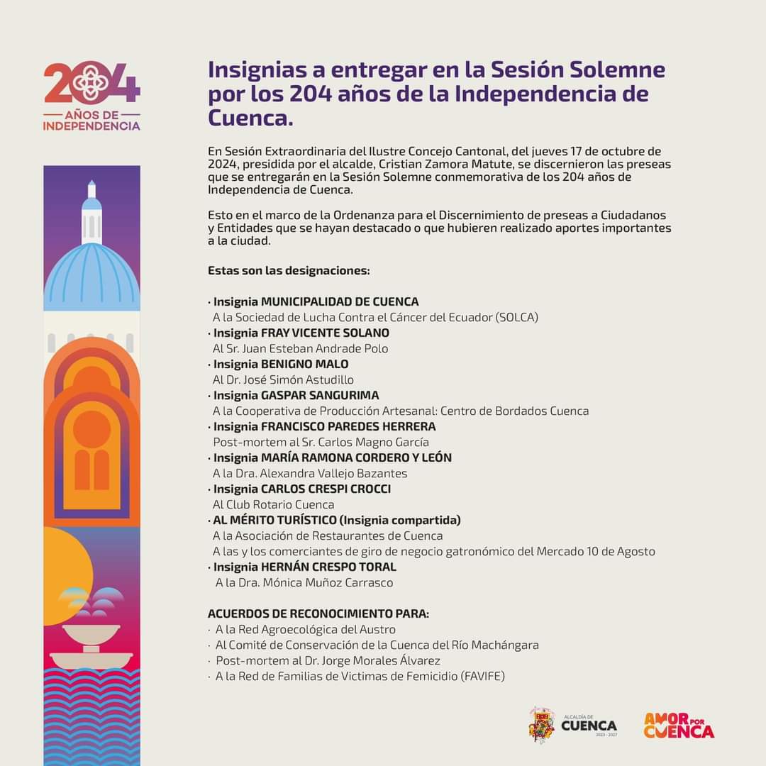 (P) 🏅 El Concejo Cantonal otorgó las #Preseas y #Reconocimientos que se entregarán en la #SesiónSolemne conmemorativa por los 204 años de #IndependenciaDeCuenca.

👏Felicitaciones a las personas e instituciones que, con su esfuerzo y #AmorPorCuenca ❤️💛, recibirán estos honores.