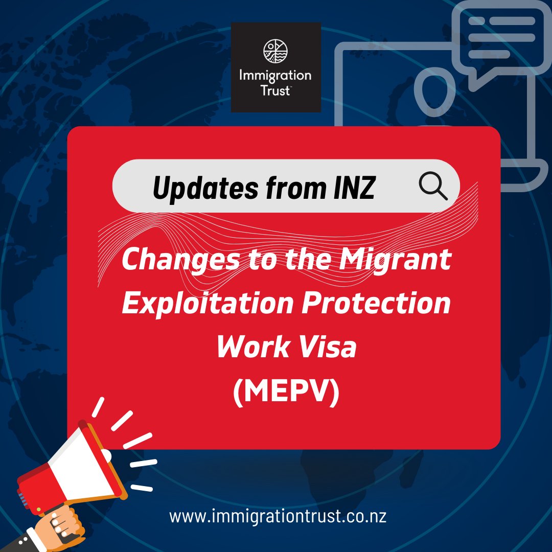 Immigration_T's tweet photo. Major changes to the Migrant Exploitation Protection Visa (MEPV) 
👉 Read the full article here: https://t.co/ORQCWiAYlM

#mepv #inzupdates #inz #immigrationnewzealand #immigrationtrust https://t.co/kHpzzsZ82g