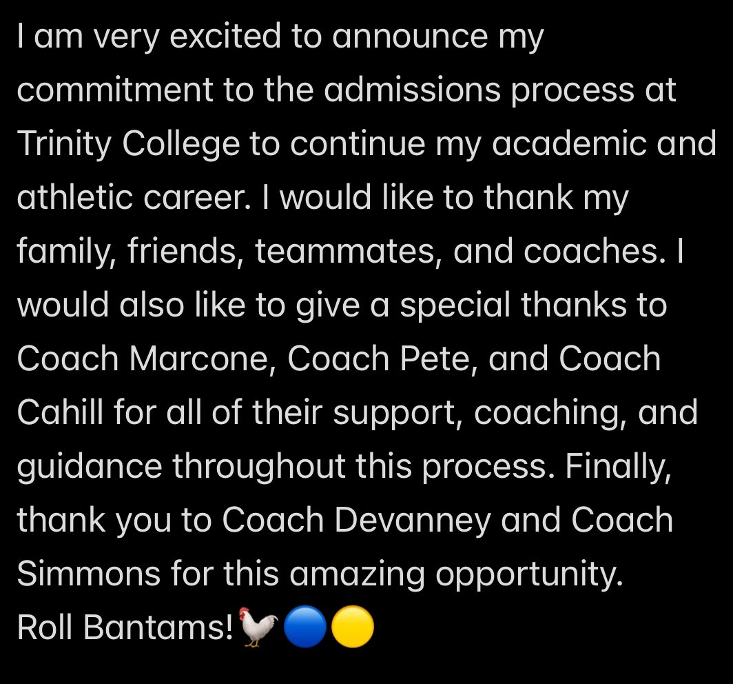Max Wallace (@maxwallace07) on Twitter photo COMMITTED! To the admissions process <a href="/TrinCollFB/">Trinity College Football</a>
<a href="/MarconeGeoff/">Geoff Marcone</a> <a href="/PeterRappoccio/">Peter Rappoccio</a> <a href="/brendancahill_/">Brendan Cahill</a> <a href="/CoachDevanney/">Jeff Devanney</a> <a href="/CoachSimmonsC/">Coach Chris Simmons</a> <a href="/Chris_Sailer/">Chris Sailer Kicking</a> COMMITTED! To the admissions process <a href="/TrinCollFB/">Trinity College Football</a>
<a href="/MarconeGeoff/">Geoff Marcone</a> <a href="/PeterRappoccio/">Peter Rappoccio</a> <a href="/brendancahill_/">Brendan Cahill</a> <a href="/CoachDevanney/">Jeff Devanney</a> <a href="/CoachSimmonsC/">Coach Chris Simmons</a> <a href="/Chris_Sailer/">Chris Sailer Kicking</a>