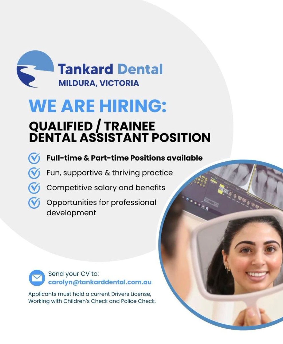 Northern Mallee LLEN (@nmllen) on Twitter photo 💼Interested in a career in dental care? Tankard Dental is offering a fantastic traineeship for students to gain hands-on experience as a Dental Assistant.
contact Carolyn Knights at carolyn@tankarddental.com.au.
#Traineeship #DentalAssistant #CareerOpportunity #TankardDental 💼Interested in a career in dental care? Tankard Dental is offering a fantastic traineeship for students to gain hands-on experience as a Dental Assistant.
contact Carolyn Knights at carolyn@tankarddental.com.au.
#Traineeship #DentalAssistant #CareerOpportunity #TankardDental