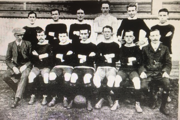 Adelaide British Football Club, 1912.
Herald is the goalkeeper.
The two Stewart brothers and Joe Holford are amongst the forwards in the front row.