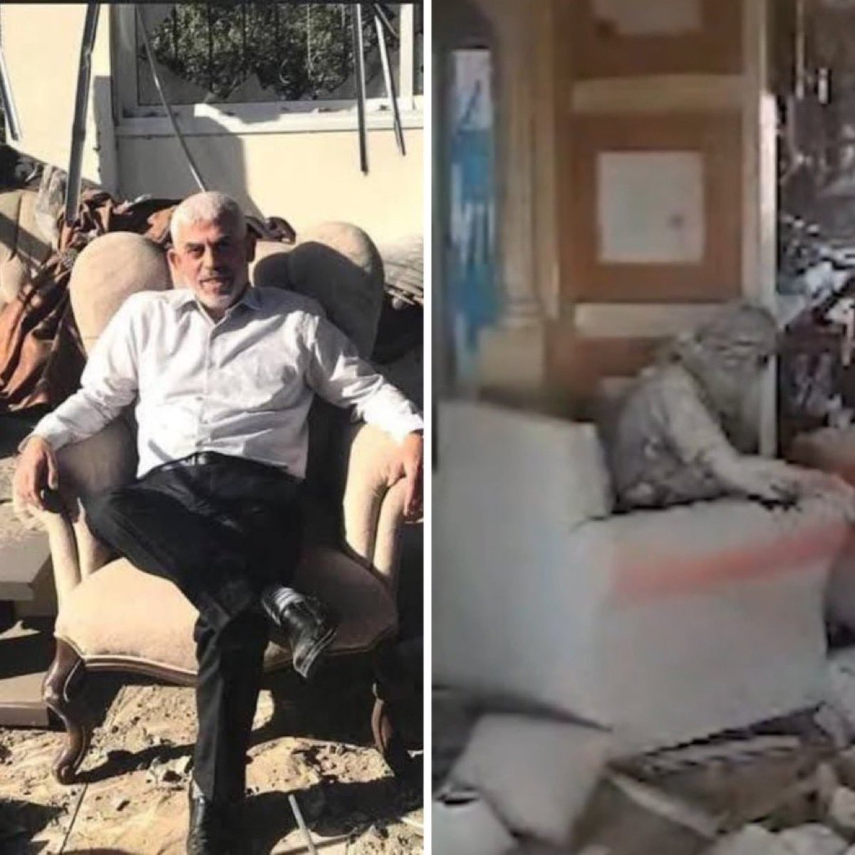 Israel's tweet photo. “𝐉𝐮𝐬𝐭𝐢𝐜𝐞 𝐉𝐮𝐬𝐭𝐢𝐜𝐞 𝐲𝐨𝐮 𝐬𝐡𝐚𝐥𝐥 𝐩𝐮𝐫𝐬𝐮𝐞.- Deuteronomy 16:20

Left: Arch terrorist Yahya Sinwar sitting on a sofa believing he was invincible.

Right: Sinwar in his final moments, sitting on a sofa, alone, wounded, with his face covered like a coward. https://t.co/e1BN1MM44M