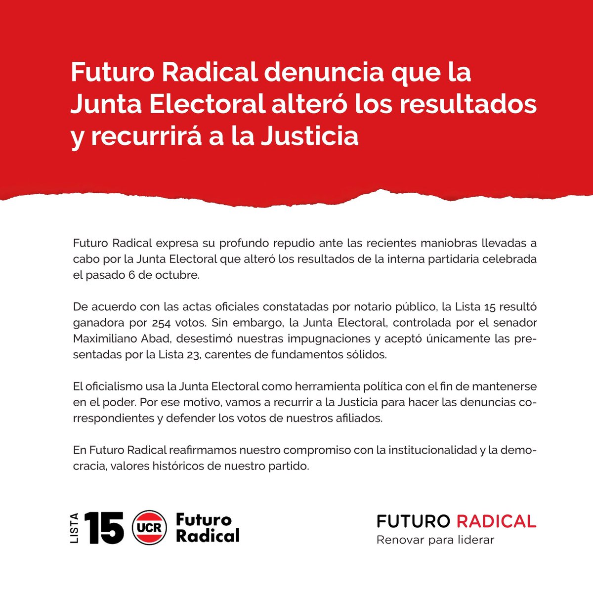 FerPerezQuilmes's tweet photo. La Junta Electoral, manipuló los resultados y torció la voluntad de los radicales bonaerenses. No lo vamos a permitir. Vamos a la justicia. 

#NoAlFraude 
#PedimosTransparencia
#GanóFuturoRadical” https://t.co/5gh8IDINJ9