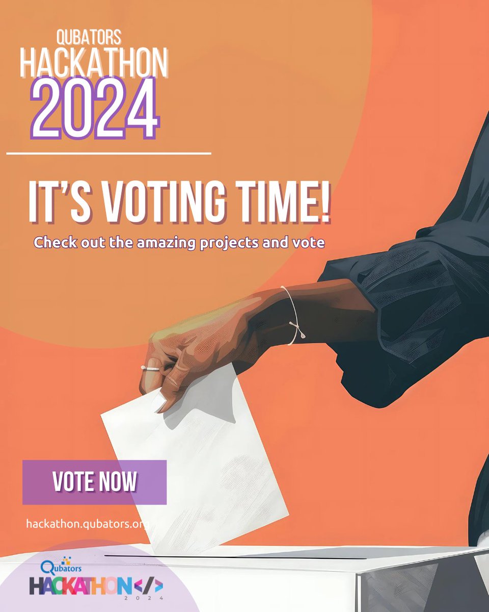 Qubatorsnet's tweet photo. “Your vote counts! 🗳️ Vote for your favourite projects in the #QubatorsHackathon. Every vote helps shape the future! #VoteNow” https://t.co/ASEL3bZa5c 

#qubatorshackathon2024 
#qubatorshackathon 
#qubators https://t.co/0Tef6pjPGh
