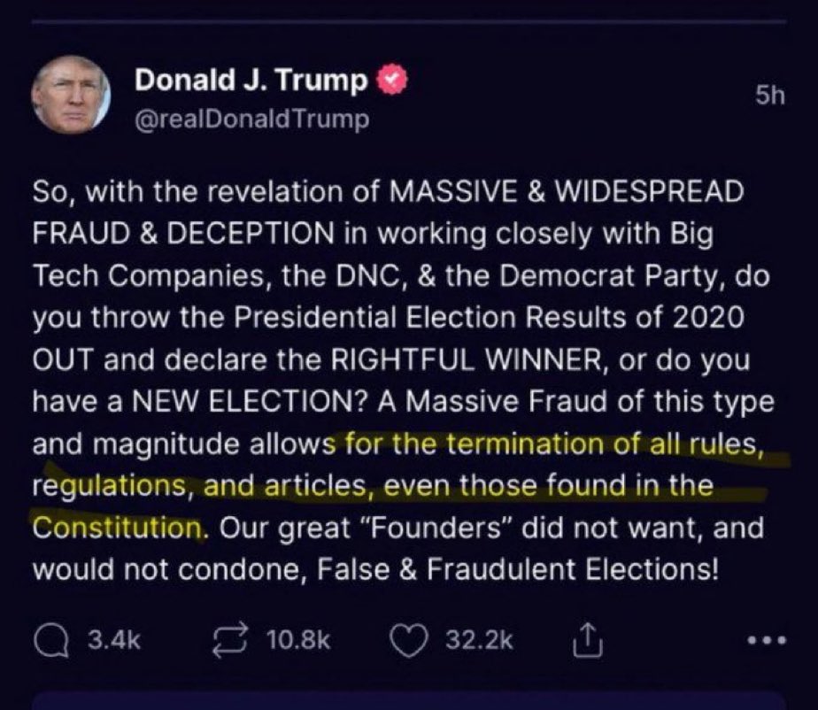 "A Massive Fraud of this type and magnitude allows for the termination of all rules, regulations, and articles, even those found in the Constitution.” - <a href="/realDonaldTrump/">Donald J. Trump</a>

Fellow Republicans: what’s conservative about terminating the Constitution?

Straight out of Putin’s playbook