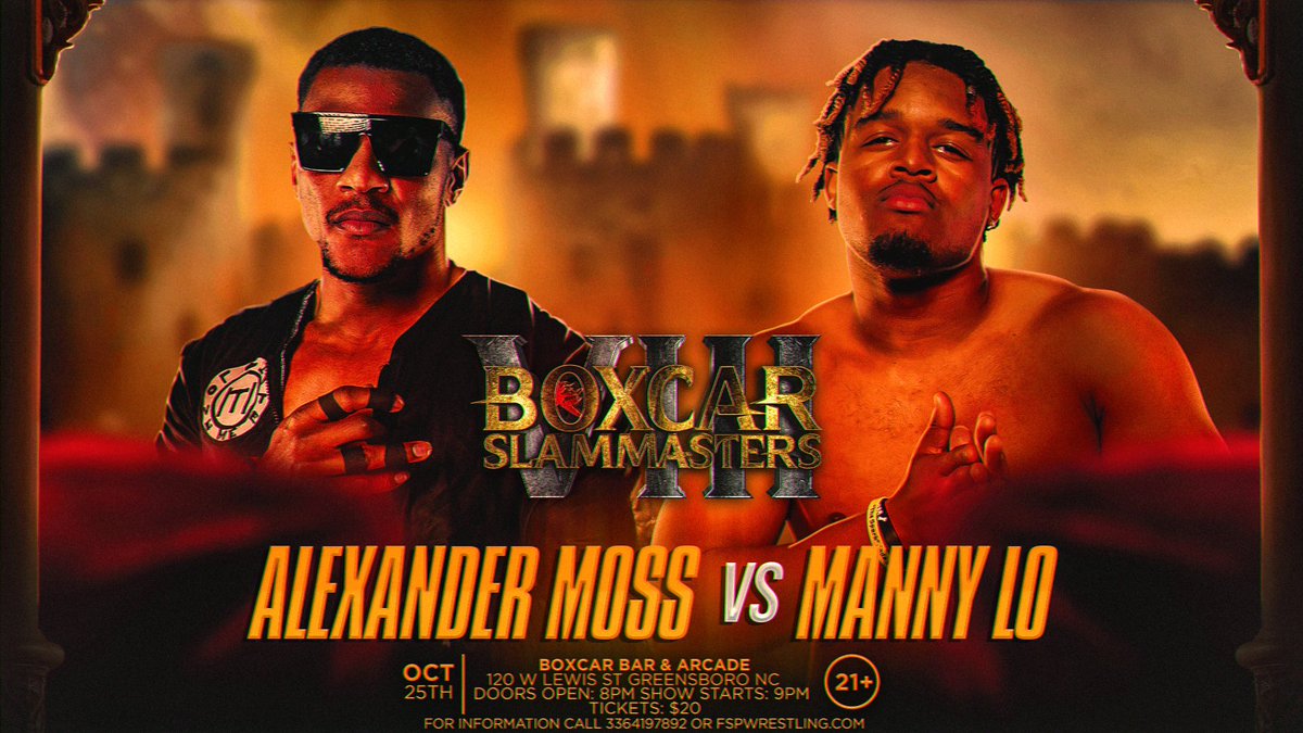 FSPWrestling's tweet photo. Announced for next Friday’s FSPW Slam Masters 8 21+ event! Unfinished business will be settled as The Absolute Truth Alexander Moss faces SoFly Manny Lo!

FSPW Slam Masters 8
Friday October 25th 9 PM 21+ only!
Boxcar Bar &amp; Arcade Greensboro, NC 
https://t.co/QZP7jasuAw https://t.co/bXpuiQO1zR