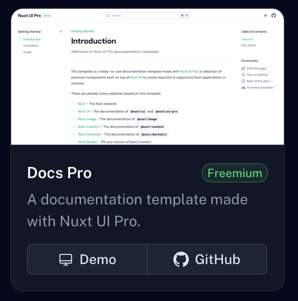 vcao's tweet photo. @nuxt_js Docs Pro is listed as freemium on https://t.co/k6smSMewqy templates. Is there a free version and how does it differ from the Pro version? https://t.co/kTpaMqvkvb