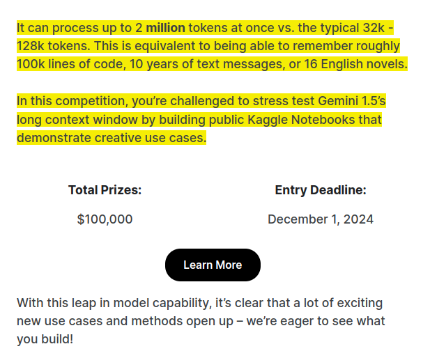 rohanpaul_ai's tweet photo. A very interesting @kaggle competitions just launched.

"This competition challenges you to stress test Gemini 1.5’s long context window by building public Kaggle Notebooks and YouTube Videos that demonstrate creative use cases. We’re eager to see what you build!" https://t.co/1P4336hUq1