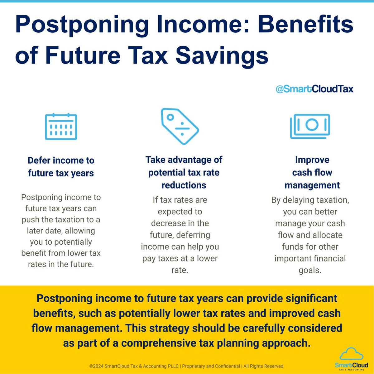 SmartCloudCPAs's tweet image. Optimize your tax strategy by deferring income. 

Plan ahead with SmartCloud! 

Repost if you agree! 

#BizChat #SmallBusinessHustle #BizTips #BusinessSuccess #SmartCloud