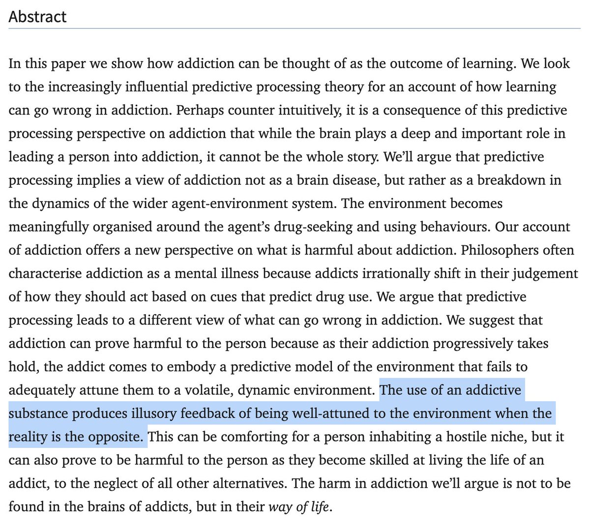 QiaochuYuan's tweet image. holy shit, predictive processing theory of addiction:

&amp;gt; In this paper we show how addiction can be thought of as the outcome of learning.... We’ll argue that predictive processing implies a view of addiction not as a brain disease, but rather as a breakdown in the dynamics of…