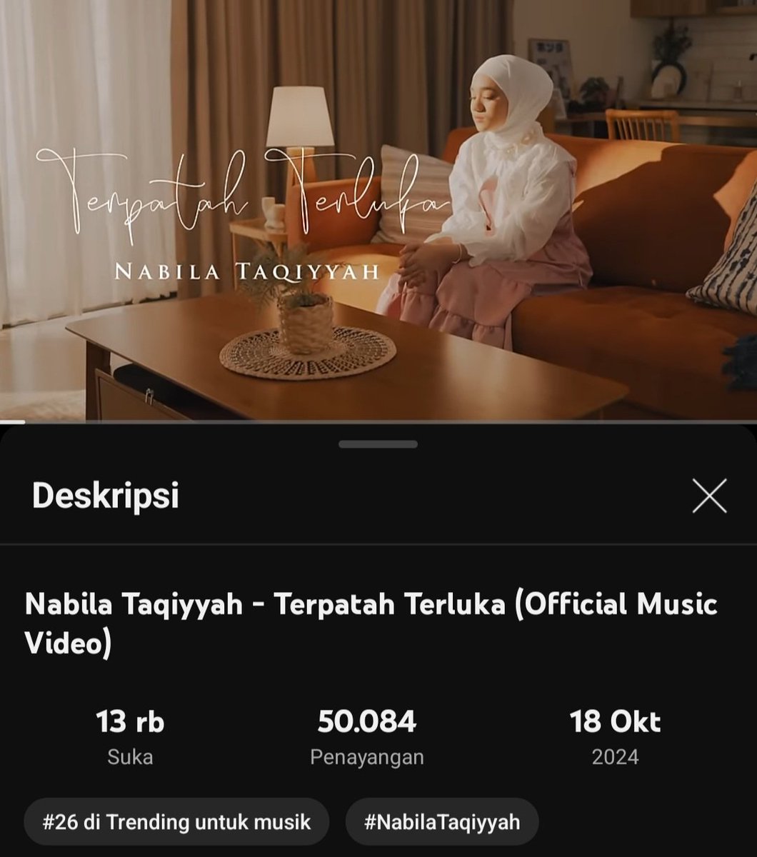 panalteam's tweet photo. [TERKA UPDATE]

Yayyy ! Setelah 7 jam perilisan music video TERPATAH TERLUKA berhasil masuk trending musik dengan menduduki posisi 26 dengan jumlah views 50.000+++ 

Semangat streaming teams ! Pucukin gaksi

#TerpatahTerluka
#4thSingleNabila
#NabilaTaqiyyah https://t.co/se4TwGchka