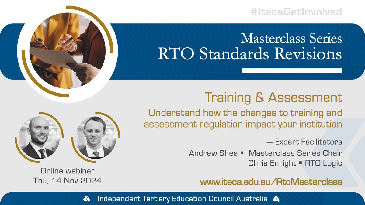 ITECAust's tweet photo. This instalment of the 'RTO Standards Revision Masterclass Series With The Experts' on 14 November 2024 allows you to hear from Chris Enright at RTO Logic about the regulatory changes to training and assessment. #ItecaGetInvolved Find out more at https://t.co/7mahLm9hg2 https://t.co/QKiMXZsvzx