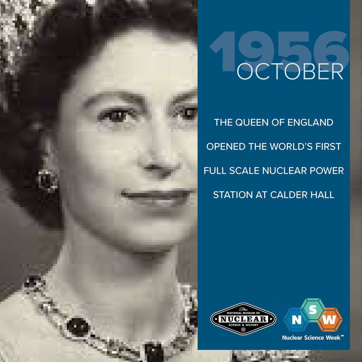 #OTD The Queen of England ushered the U.K. into the Atomic Age by opening the first full-scale nuclear power station at Calder Hall in Cumberland, declaring, "It is with pride that I now open Calder Hall, Britain’s first atomic power station.” 
#nuclearsciweek
