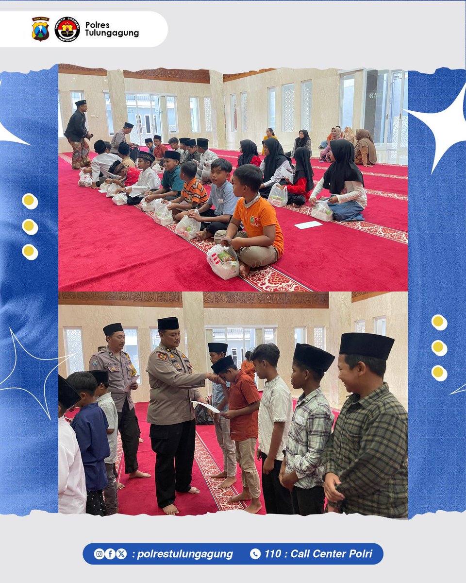 Res1Tulungagung's tweet photo. Polres Tulungagung melaksanakan kegiatan pemberian tali asih dalam rangka santunan anak yatim di Masjid Al Hafidz. Semoga bermanfaat amiin

#polrestulungagung #tulungagung #akbptaat #santunananakyatim #taliasih https://t.co/Yf477ABgvI