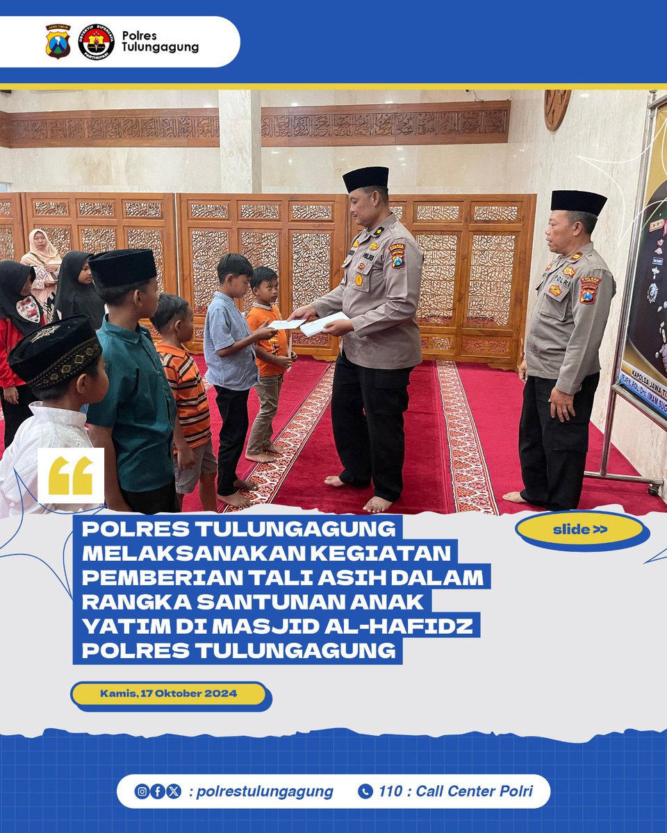Res1Tulungagung's tweet photo. Polres Tulungagung melaksanakan kegiatan pemberian tali asih dalam rangka santunan anak yatim di Masjid Al Hafidz. Semoga bermanfaat amiin

#polrestulungagung #tulungagung #akbptaat #santunananakyatim #taliasih https://t.co/Yf477ABgvI