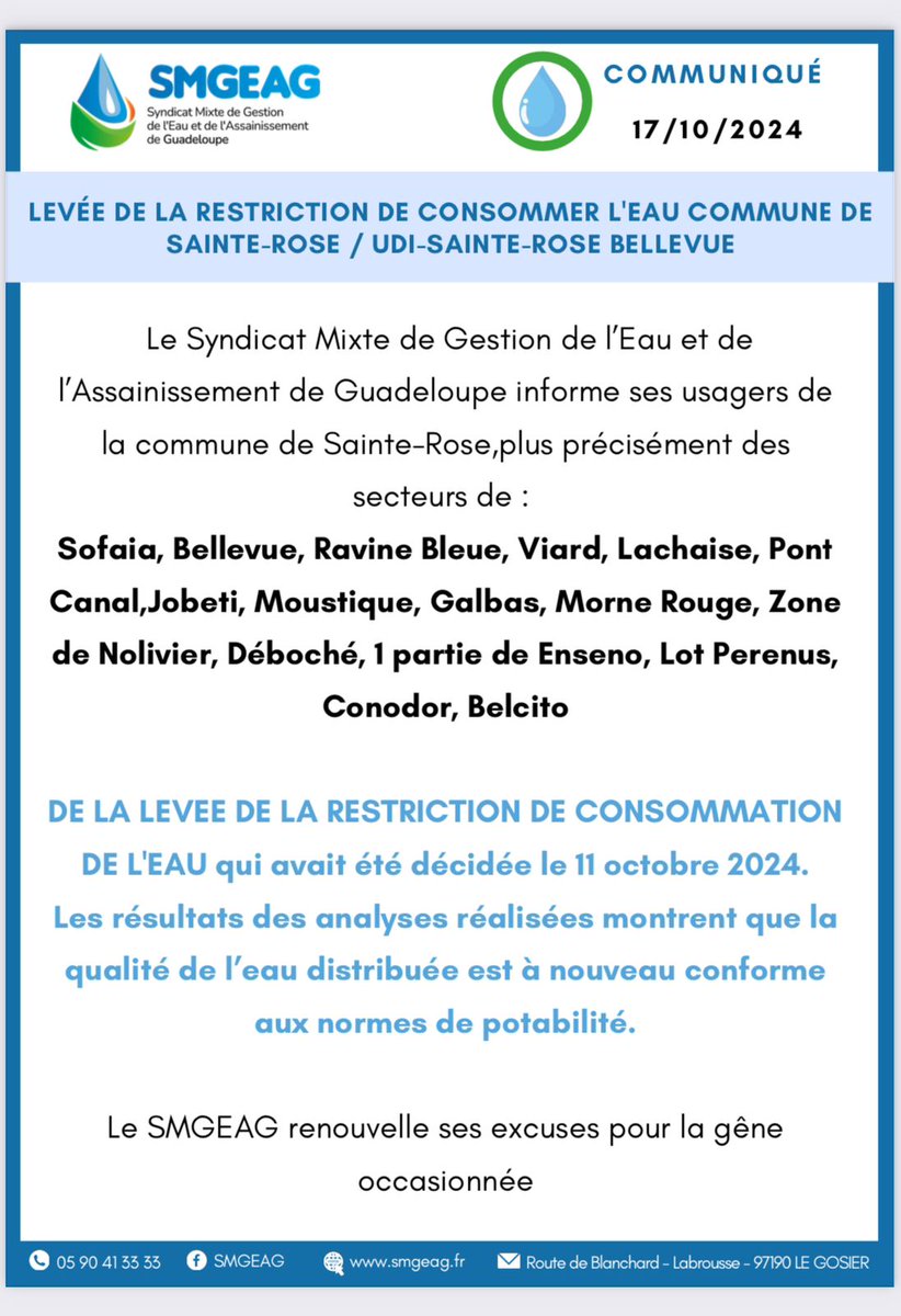 resca_media's tweet photo. 💧 #Guadeloupe : Fin d'interdiction également à Sainte-Rose.

[Communiqué] https://t.co/qT3bLuWQ9U