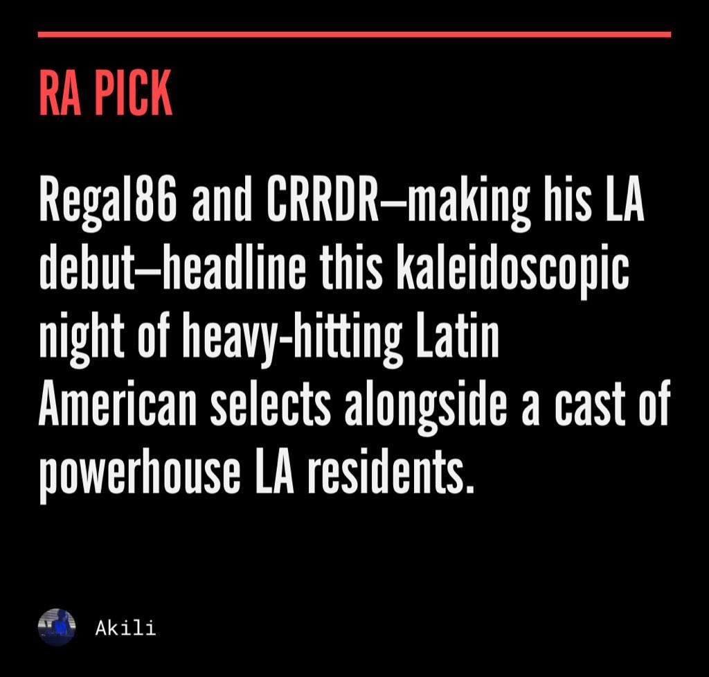 Los Angeles nos recibió con RA Pick para mañana, q bendicion compartir un lineup con el Regal 😵🥹 q debut en LA con <a href="/niteslut/">niteslut</a> y <a href="/Tropicaza_oc/">Tropicaza</a>
