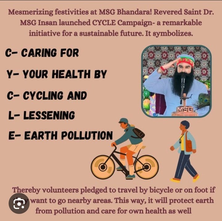 Pujya Guru Saint Dr MSG  started a new humanitarian work "#CYCLE" in which lakhs of DSS followers take a pledge to cover short distances by cycling and walking. This helps in living a healthy life and also reduces air pollution.
#FridayFitness