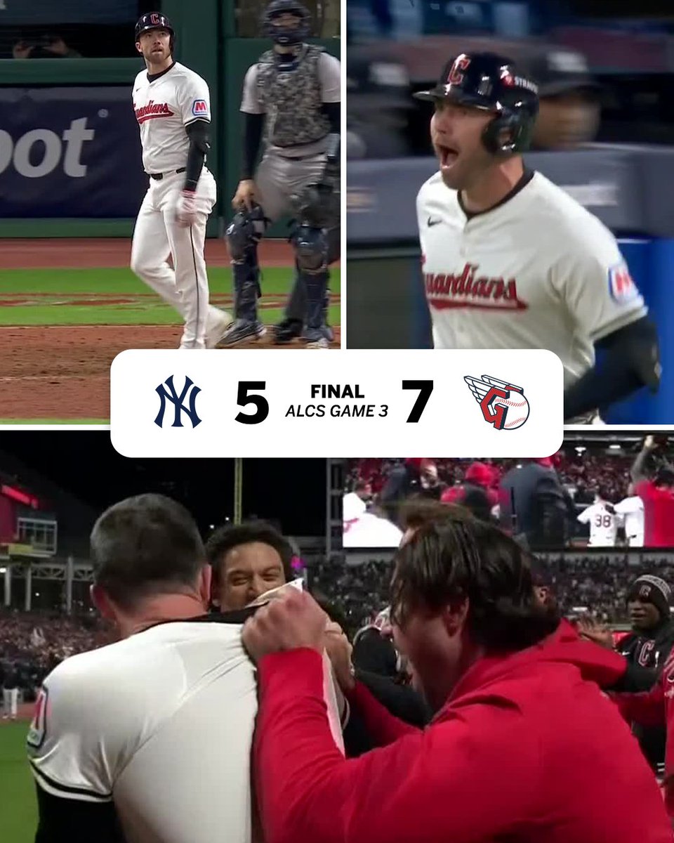 SportsCenter's tweet photo. CLEVELAND IS NOT DONE YET ‼️ 

DAVID FRY WALKS IT OFF IN EXTRAS TO TAKE GAME 3 FOR THE GUARDIANS 😤 https://t.co/GCTH9CpLmB