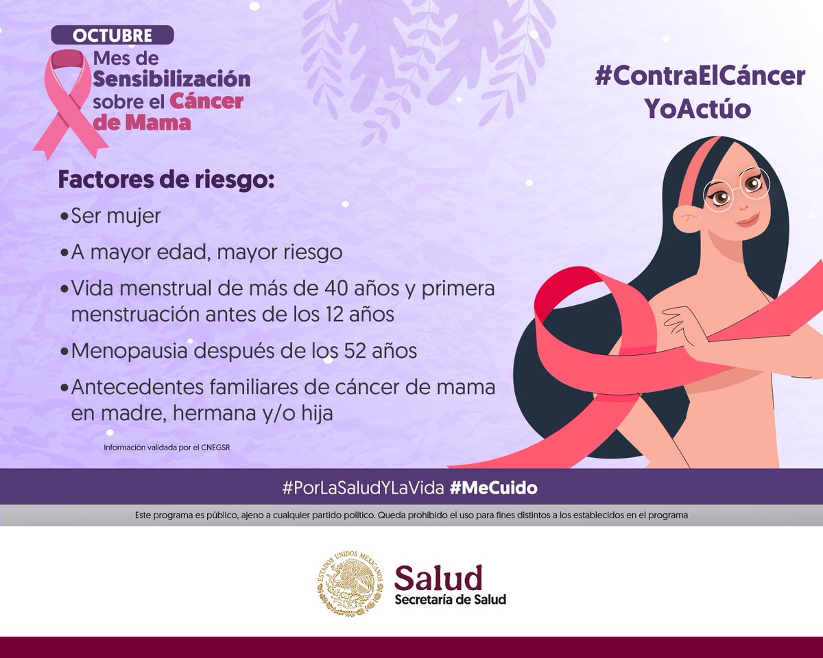 SSalud_mx's tweet image. Octubre I Mes de la Sensibilización sobre el #CáncerDeMama 🩺

Si cumples con uno o más de estos factores de riesgo acude a tu Unidad Médica de manera periódica.

Recuerda que si se detecta a tiempo, el cáncer de mama puede ser tratado de forma efectiva.

#Observo #Toco #Siento