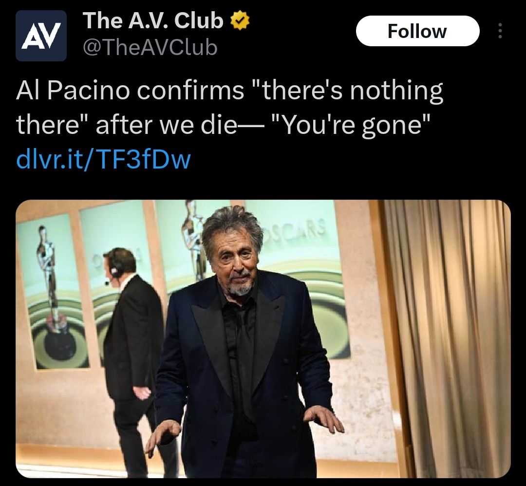 JFrankensteiner's tweet photo. Al Pacino is out here every day dropping all timer headlines, absolute masterclass of promotion https://t.co/YC34HUwywK