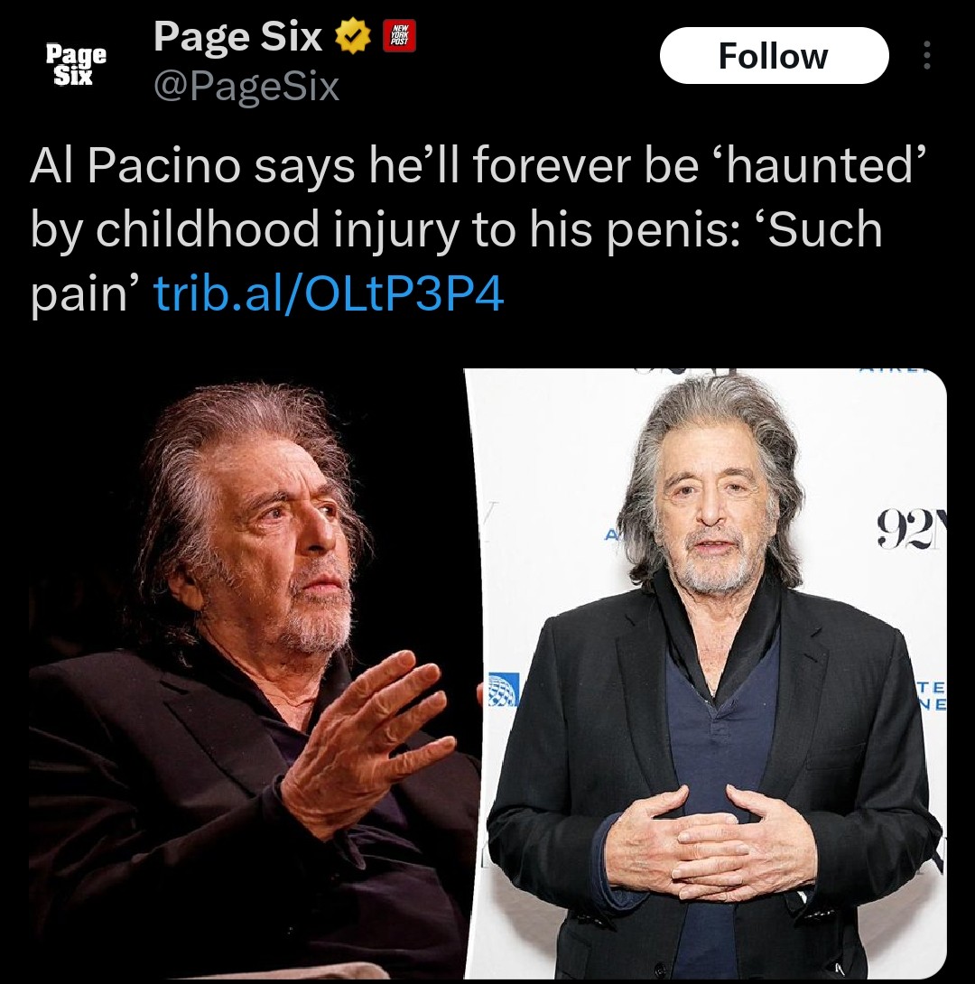 JFrankensteiner's tweet photo. Al Pacino is out here every day dropping all timer headlines, absolute masterclass of promotion https://t.co/YC34HUwywK
