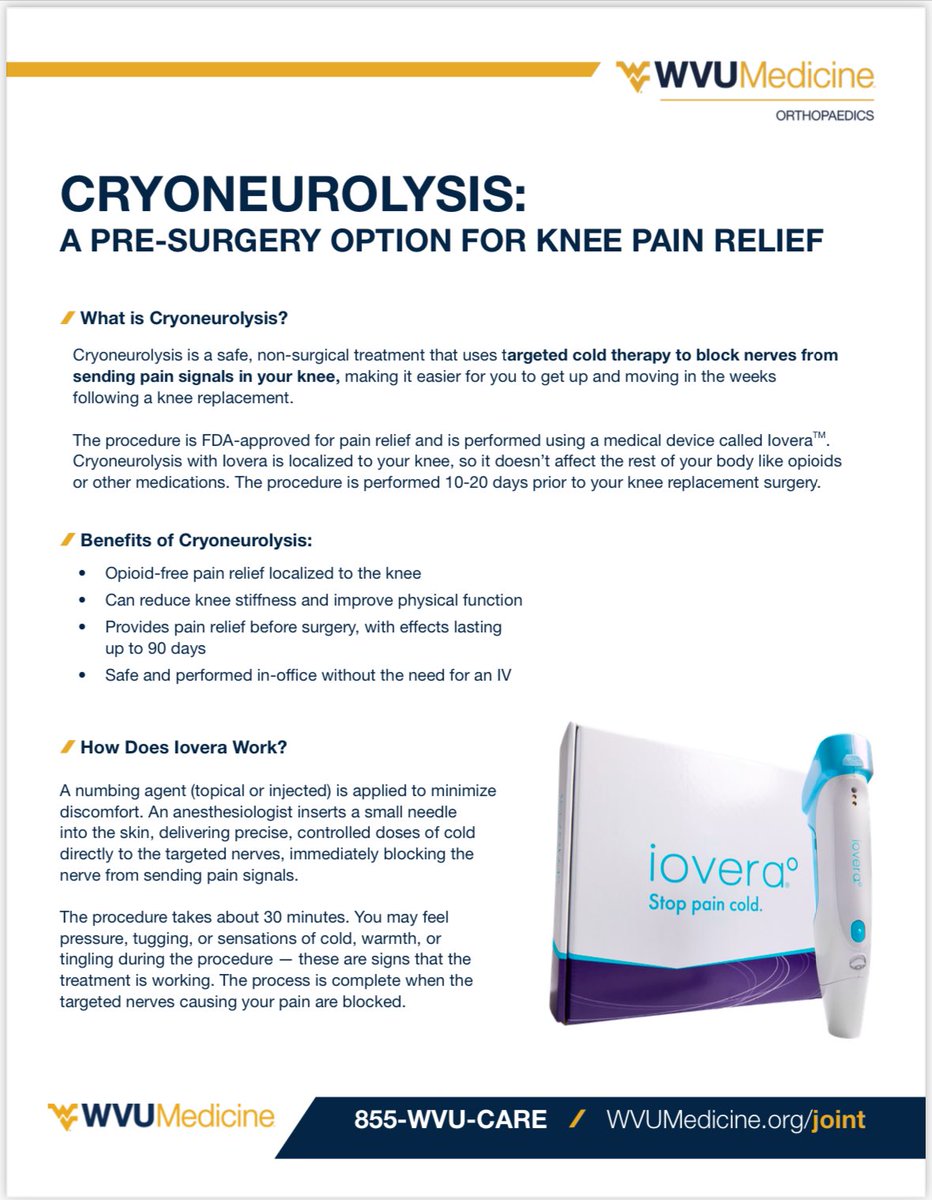 Performed the first 3 TKAs with preop <a href="/iovera/">iovera</a> at @WVUMedicine today.  Excited to study this with <a href="/Intraneely/">Grant Neely, M.D.</a> to see if it can cover those first few weeks after nerve blocks fade as we strive for opioid free TKA.  What have others experienced with cryoneurolysis?