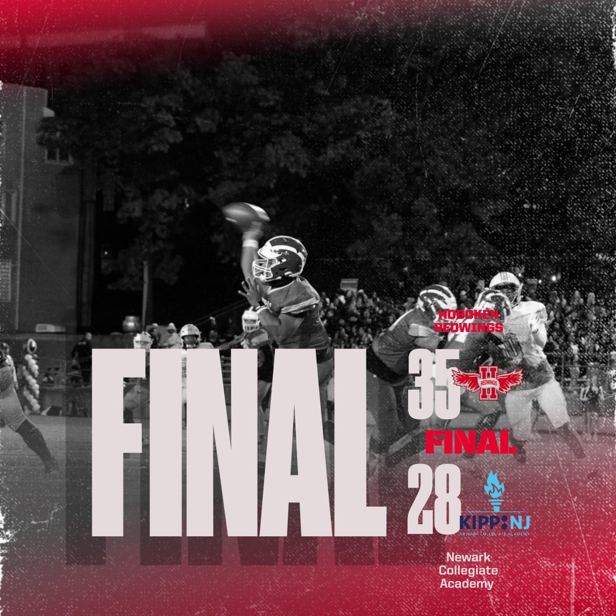 The Redwings get the Win at Newark Collegiate Academy 35-28.

The game wining score was a TD pass from #4 Isaiah Blanks to #3 Jae'on Walker. 
#RedwingsFootball
#HereWeComeHoboken