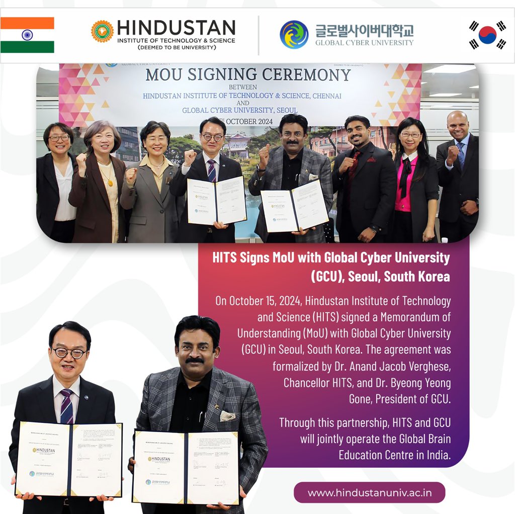 ecehits's tweet photo. Exciting News: HITS Partners with Global Cyber University, South Korea! 

#HITS #MyHindustan #Hindustangroupofinstitutions #dranandjacobverghese #GlobalCyberUniversity #InternationalEducation #IndoKorean #HigherEducation #GlobalPartnership #EducationInnovation #MoU #HITS2024 https://t.co/j0NoRPaNQ6
