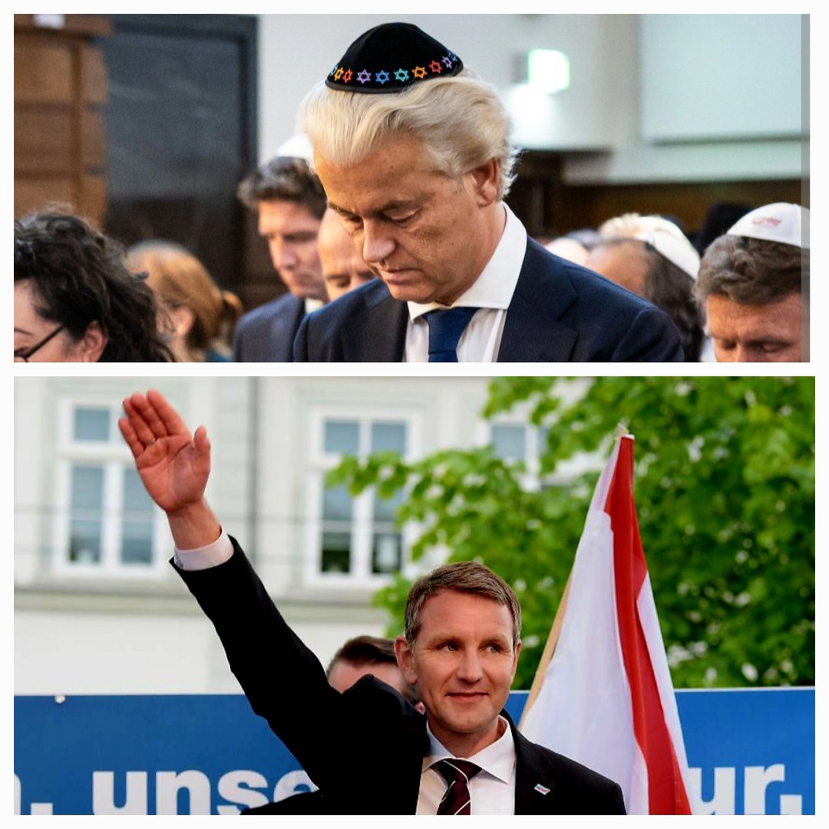 Geert Wilders is de grootste huichelaar die in Nederland rondloopt. Boven met zijn keppeltje op en beneden zijn grote vriend van de AfD, de neonazi.
Misselijk, misselijk, misselijk, werkelijk kotsmisselijk!
Wat ben je dan ziek in je hoofd. En de huichelaar heeft de Staat der