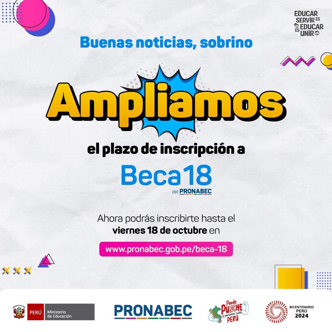 🌟 Buenas noticias 👍🏽👍🏽 <a href="/Pronabec/">Pronabec - Minedu</a> amplía el plazo de inscripción a #Beca18 🌟

📌 Si perteneces a una población #afroperuana y tienes buenas notas en el colegio, 🚀 INSCRÍBETE hasta el viernes 18 de octubre en pronabec.gob.pe/beca-18 en la modalidad CNA y PA.

🎓 Pasa la voz!!