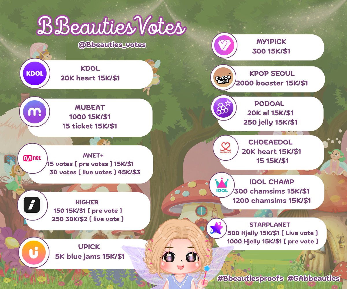 🚀AVAILABLE BBEAUTIES_VOTES :

• IDOL CAMP 
❤️ 35.000
💙 50.000

• HIGHER
💎15.000

• MUBEAT
💜 45.000
🎟️ 1000/DAY

• MNET COUNTDOWN
🚀500/DAY

• MAMA AWARDS
🚀 500/DAY

• MY1PICK 
💛 15.000

• UPICK
💙200.000

💌 DM FOR PURCHASING &amp; RESERVATION 🫶🥰