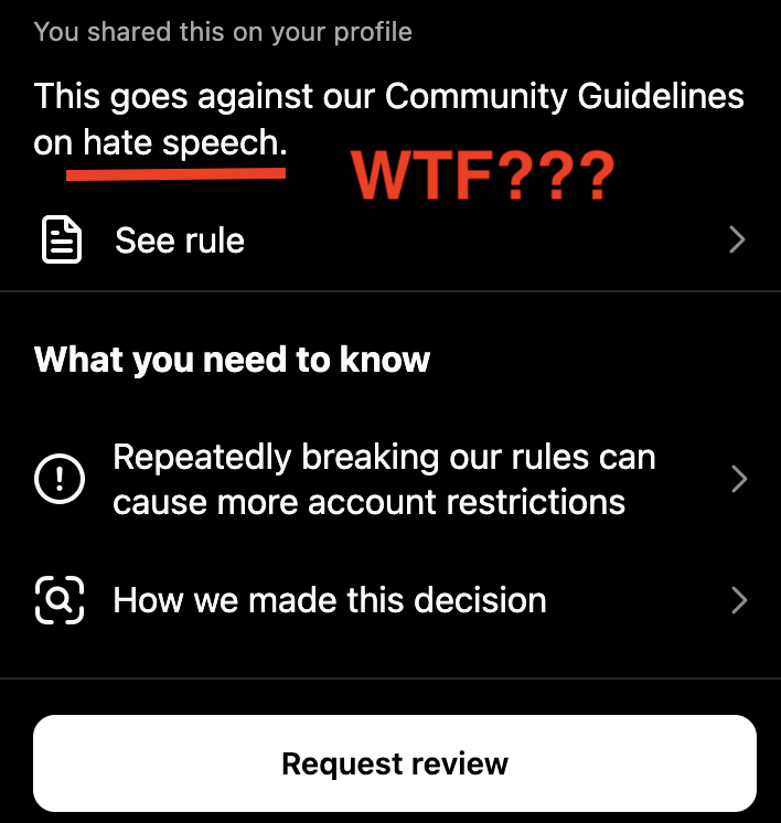 caitoz's tweet photo. Instagram is censoring criticisms of Israel's genocidal atrocities as "hate speech" now. I'm getting stuff deleted by Facebook and Instagram on a daily basis lately. https://t.co/bfj8XVf5Hf